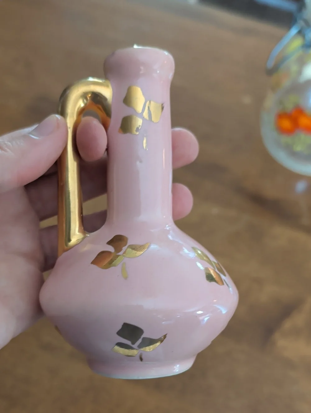 Pink Ceramic Pitcher with Gold Leaf Accents